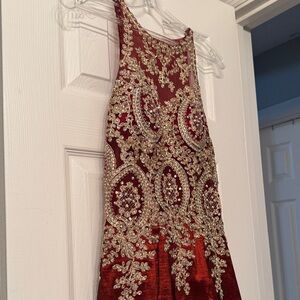 Elegant Red and Gold Embellished Dress